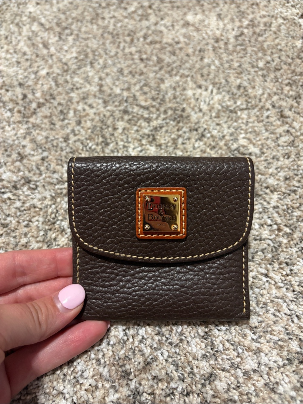 Dooney & Bourke Dark Brown Pebble Leather Compact Card Holder with Gold Plaque